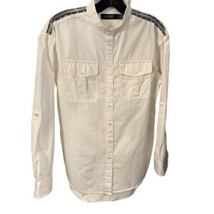Lauren Ralph Lauren Women’s Button Up White Shirt Stand Up Collar Pockets S/P